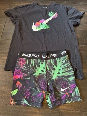 Nike Black Tee (size YXL),Green/Purple Floral Swoosh & Nike Pro Shorts (size YL)